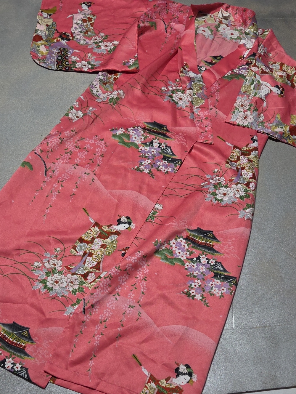 Coral Pink Floral Kimono-Style Midi Dress with Oriental Motif Size Med